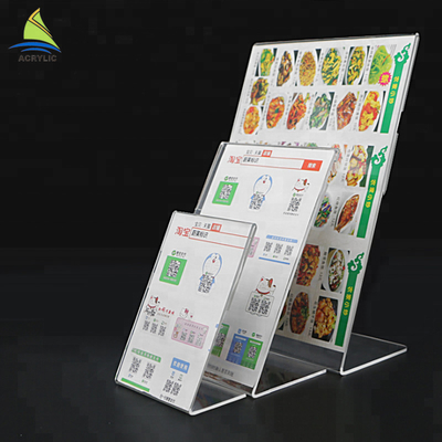 L'acrylique clair adapté aux besoins du client a incliné le signe d'acrylique de support de menu de conception