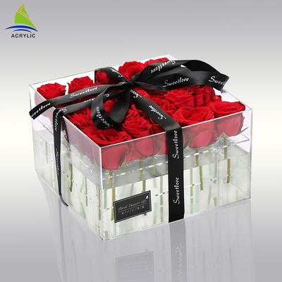 Boîte faite sur commande d'emballage de fleur acrylique acrylique claire de boîte de rangement de plexiglass pour préservé 25 roses