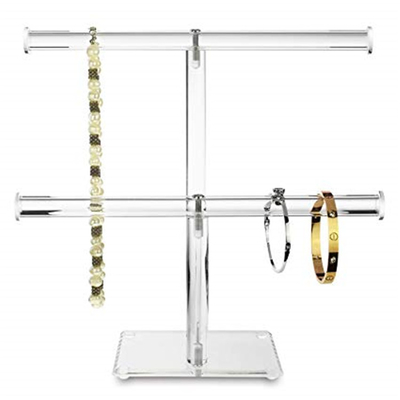Affichage acrylique clair de bijoux de 2 rangées, T - ensemble de présentoir de collier de bracelet de barre