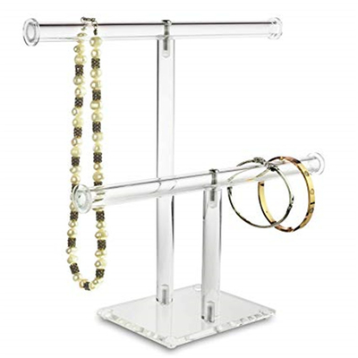 Affichage acrylique clair de bijoux de 2 rangées, T - ensemble de présentoir de collier de bracelet de barre