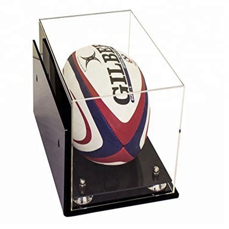 Surface douce acrylique commerciale de boîte de présentation de boule de rugby de sports de boîte de présentation avec la base